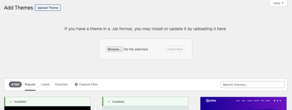 The Theme Uploader within WordPress.