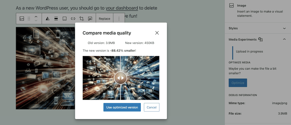The Compare Media Quality dialog that shows once you upload an image to WordPress.