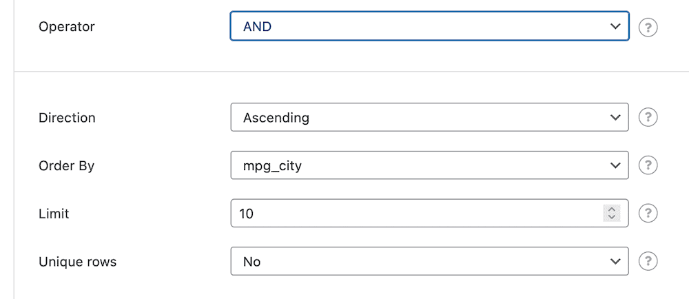 The sorting options in the Shortcode tab.
