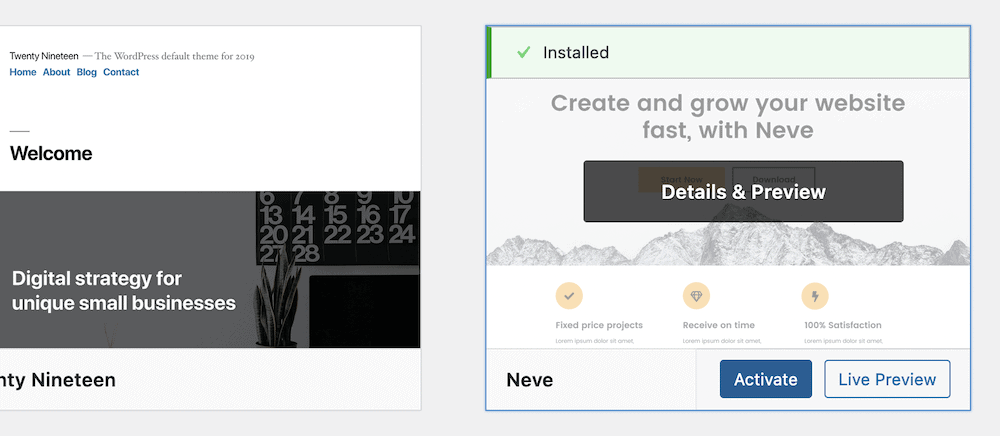 A theme thumbnail showing an Activate button in place of Install.