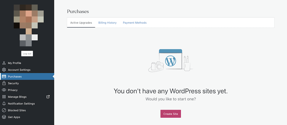 The Create Site button within the Purchases profile page.