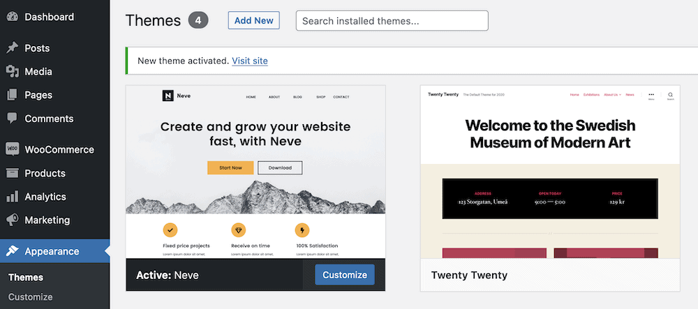 A confirmation notice for an installed theme.