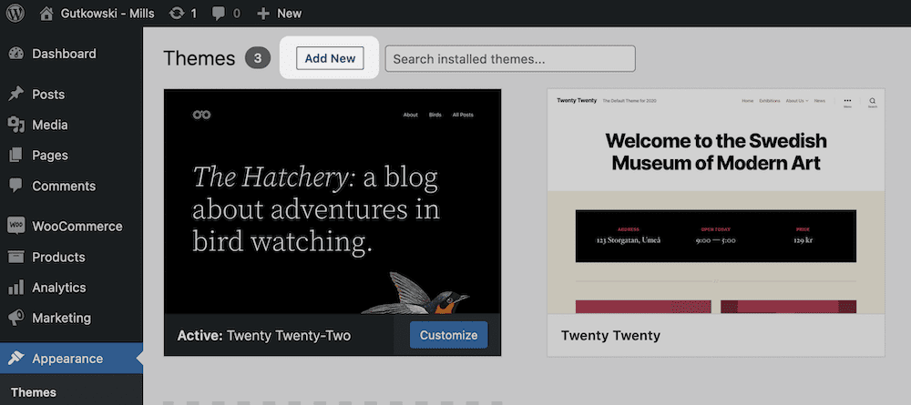 The Add New button within WordPress.