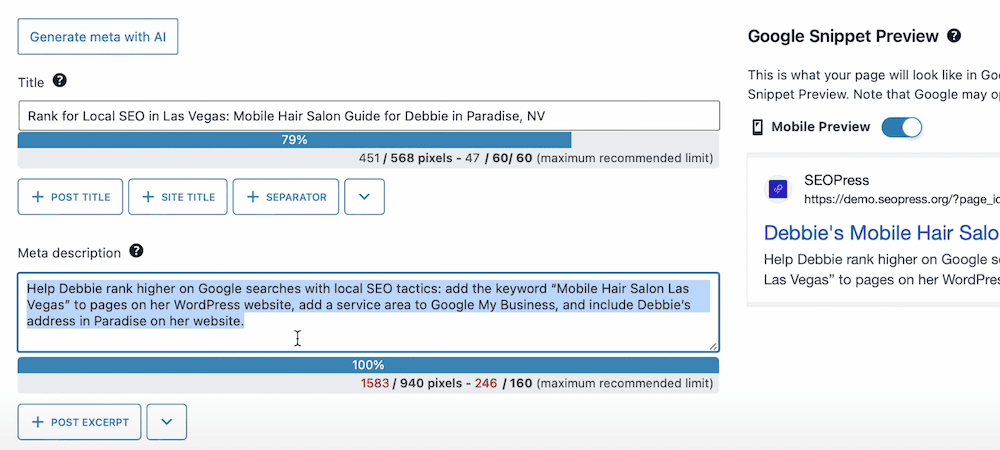 SEOPress' AI meta description generation.