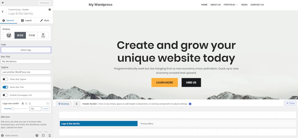 The process of designing a WordPress website in the customizer