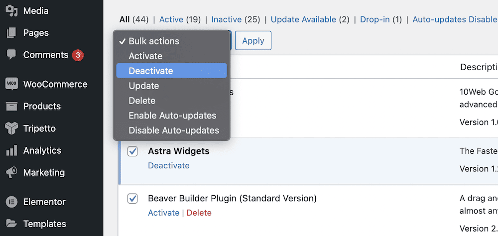 A close-up of the Installed Plugins screen, showing the option to Deactivate all plugins.