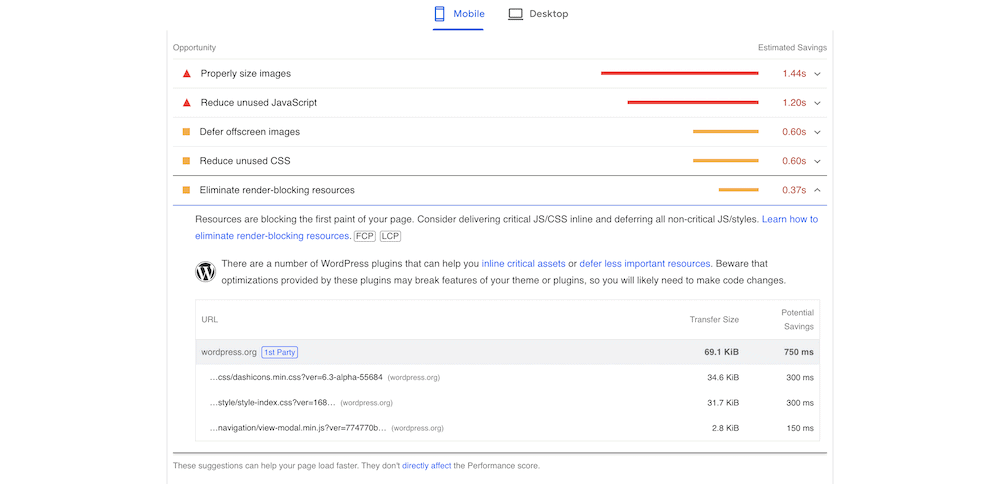The PageSpeed Insights website, showing the eliminate render blocking resources Opportunity.