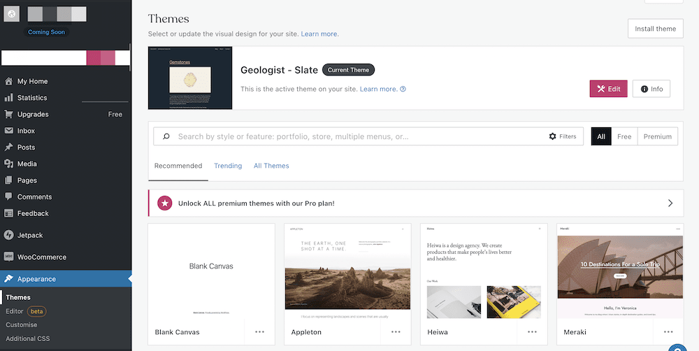 The Themes Dashboard in WordPress.com.
