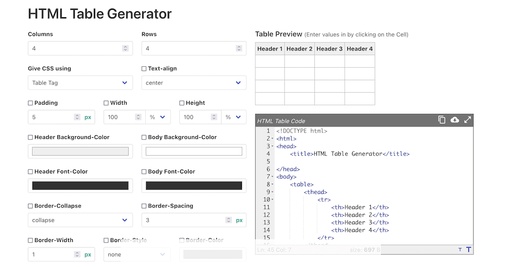 A HTML table generator showing the HTML code and the front end display for a table, along with CSS options.