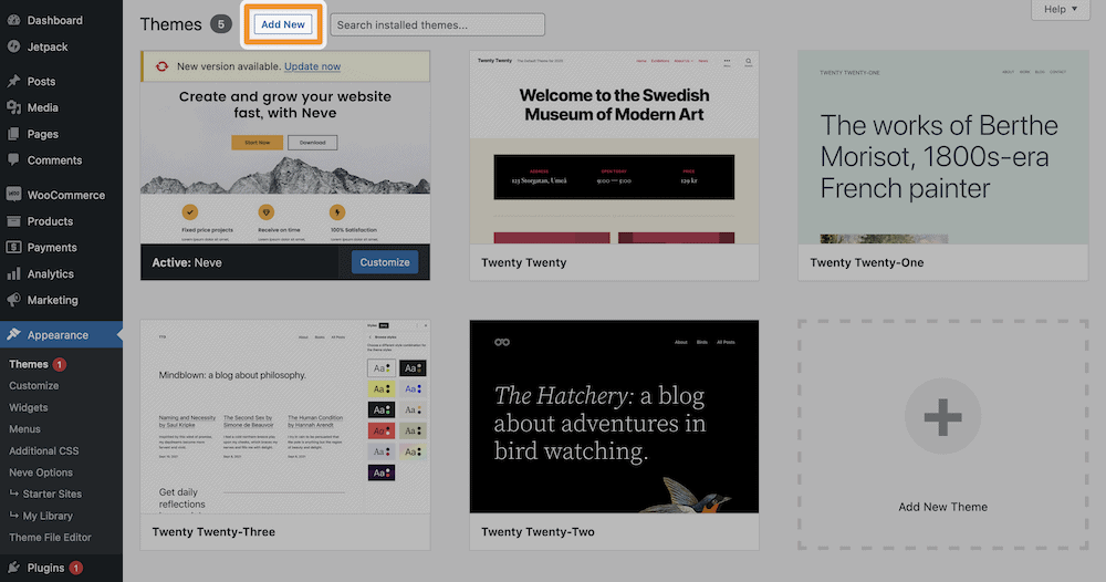 The Appearance > Themes screen, highlighting the Add New button.