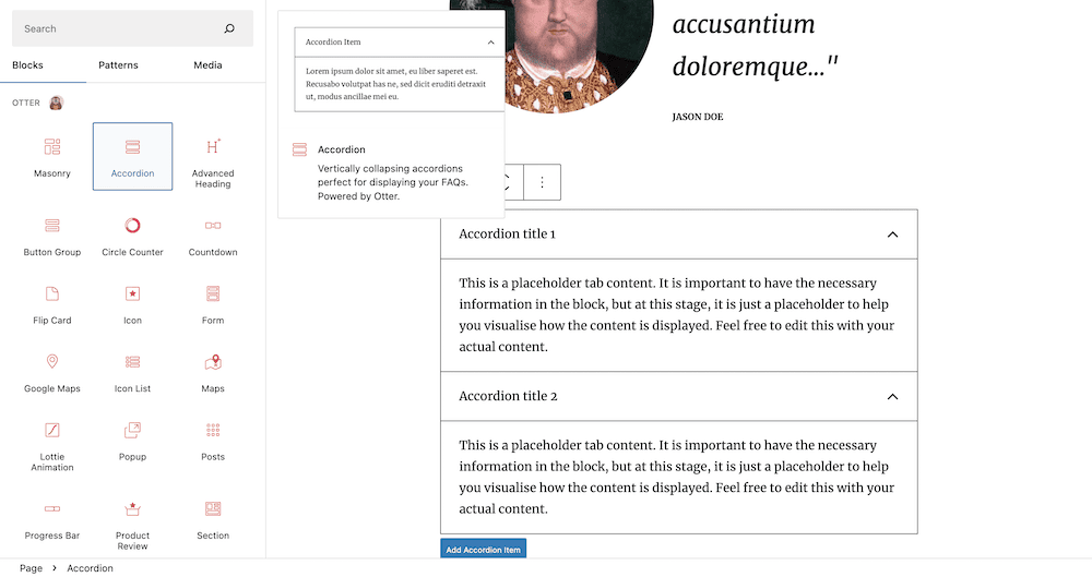 Adding an Accordion Block to the page layout.