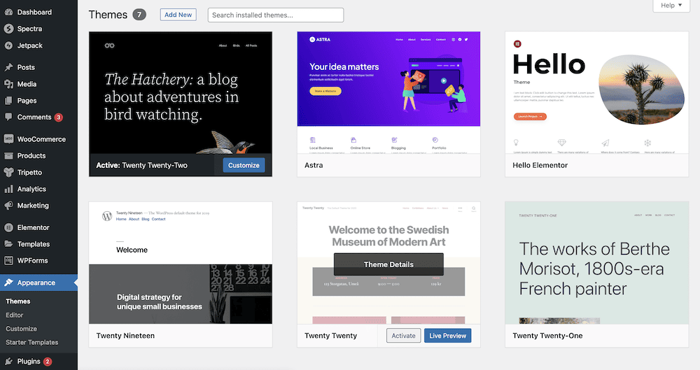 The Themes screen within WordPress can help fix the WordPress white screen of death.