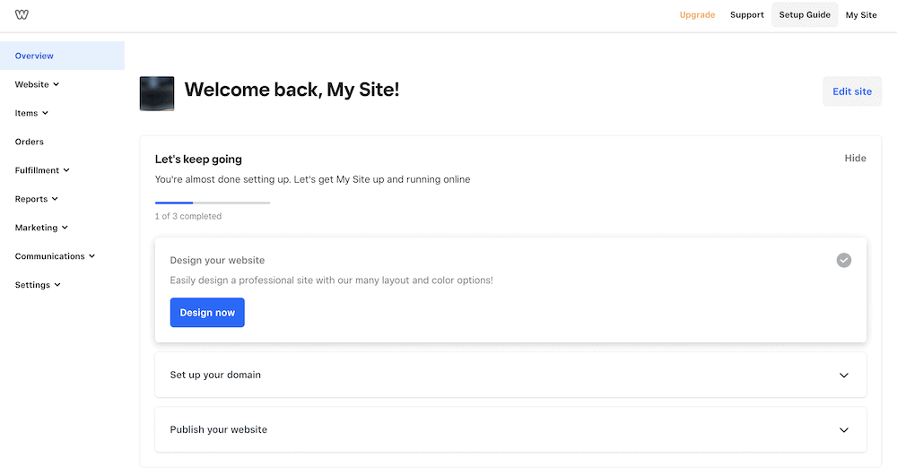 The Weebly dashboard.