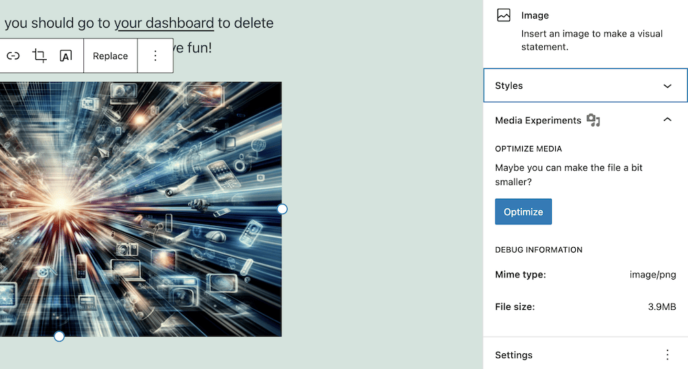 A close up of the WordPress Media Experiments sidebar within the Block Editor.