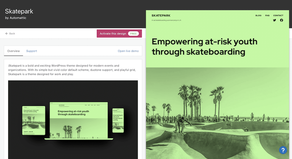 Previewing a theme in WordPress.com.