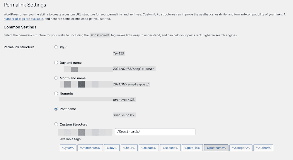 The WordPress Permalink Settings page.