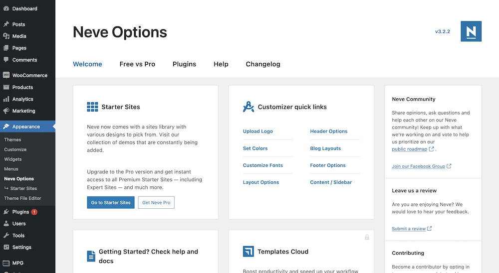 Neve's welcome screen.