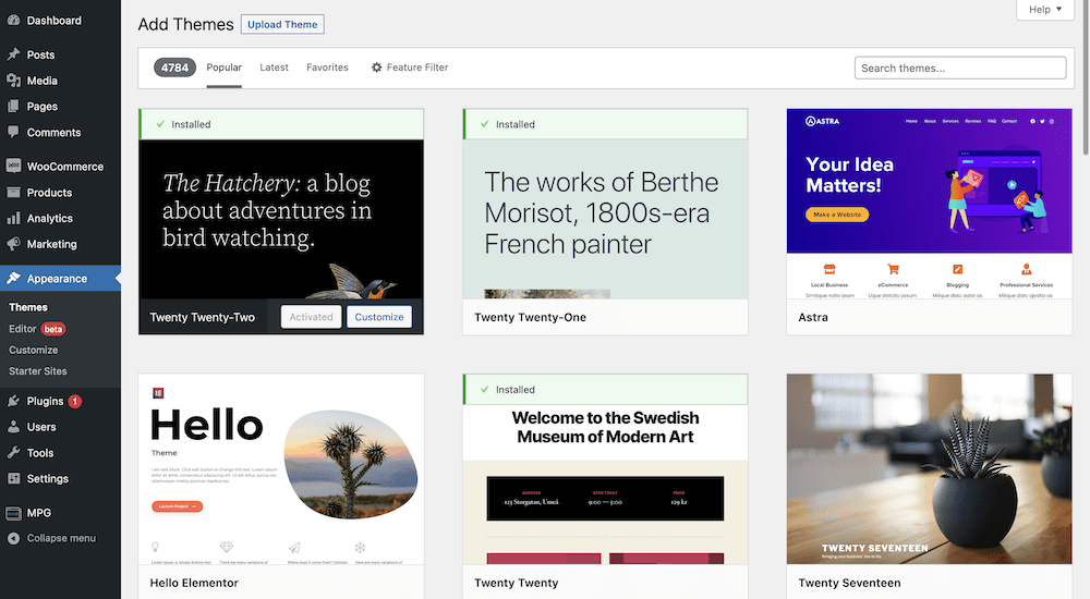 The Theme Directory dashboard within the WordPress admin screen.