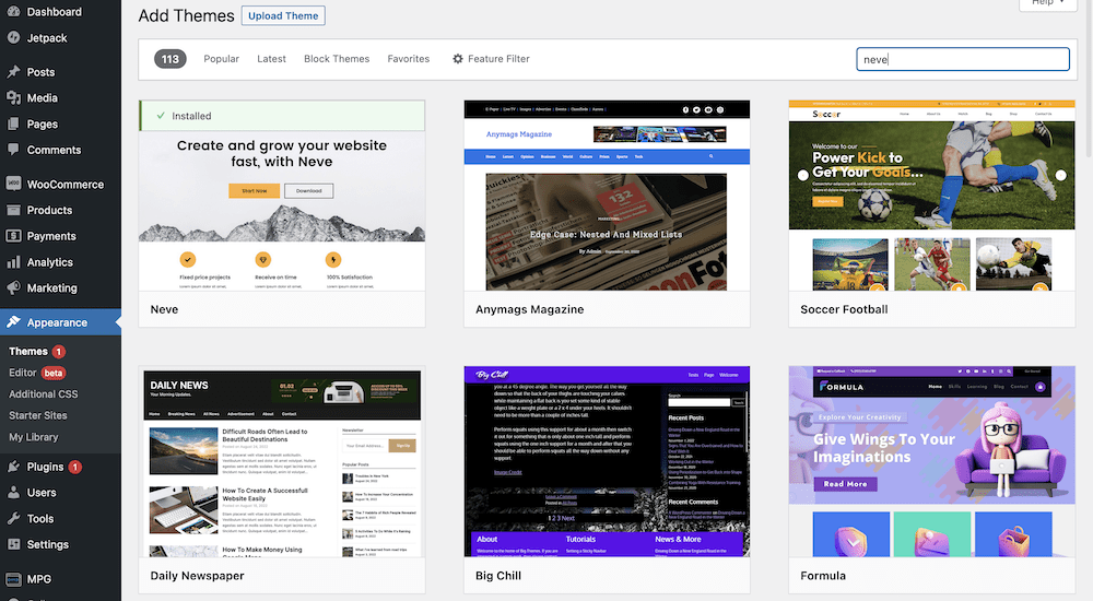 A list of available themes to install within WordPress.