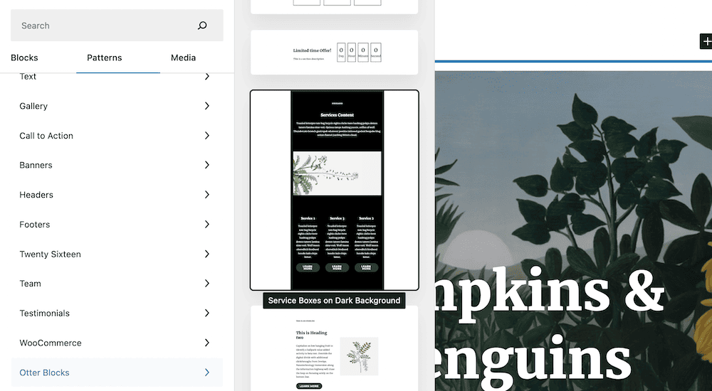 Services Page Design in WordPress: The WordPress Block Editor showing the Service Boxes on Dark Background pattern.