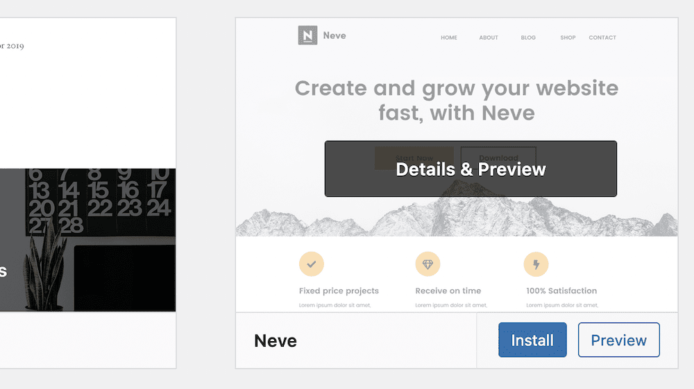 A theme thumbnail, showing Install and Preview buttons.