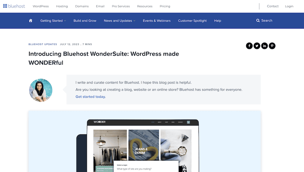 Bluehost's announcement of WonderSuite.
