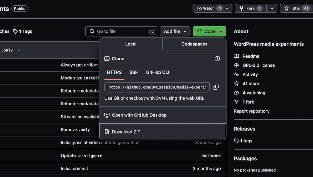 The Code drop-down menu from GitHub for the WordPress Media Experiments plugin.