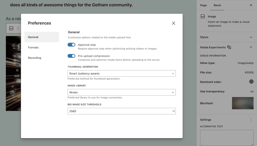 The Media Experiments settings page within the Block Editor.
