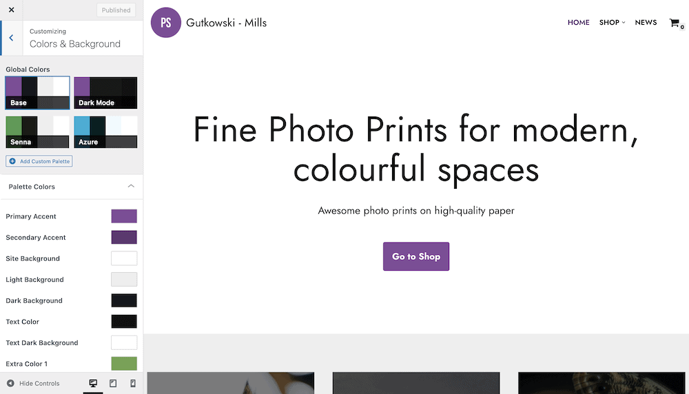 Using the Neve theme within the WordPress Customizer.
