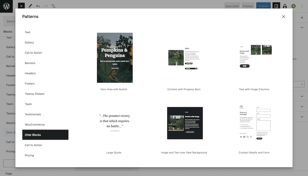 Services Page Design in WordPress: The fuller Otter Blocks Patterns modal popup screen.