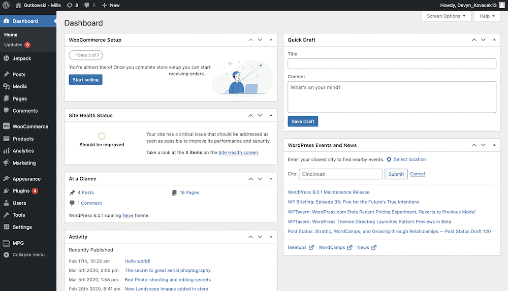 The WordPress dashboard.