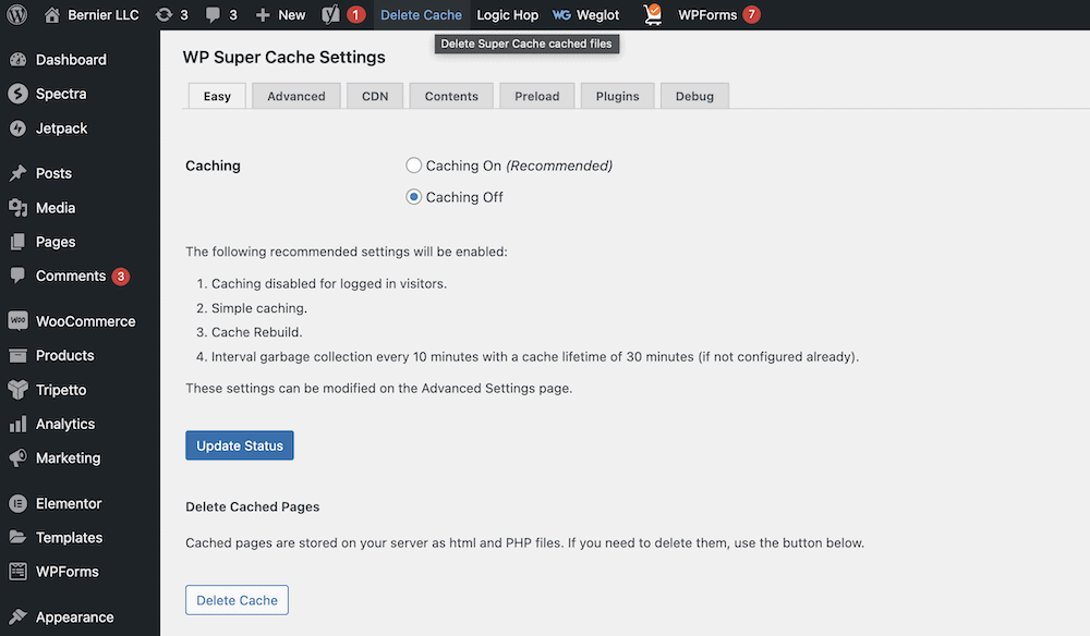 A WordPress dashboard showing caching settings and the Delete Cache button in the toolbar.