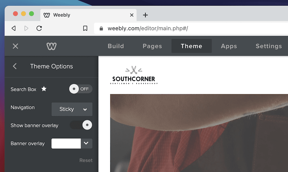 The Theme Options sub-menu within Weebly's settings.