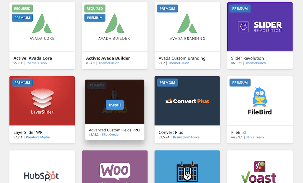 The available plugins to install using Avada.