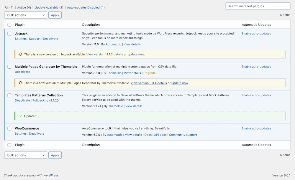 The Plugins page on the WordPress dashboard.