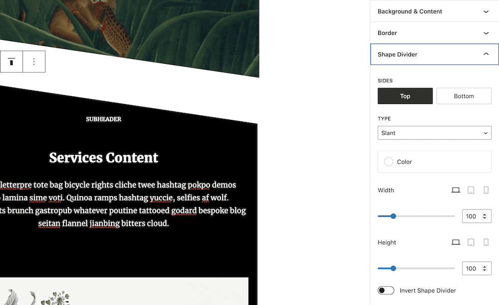A portion of the Block Editor showing the Services pattern section and the full Shape Divider options.