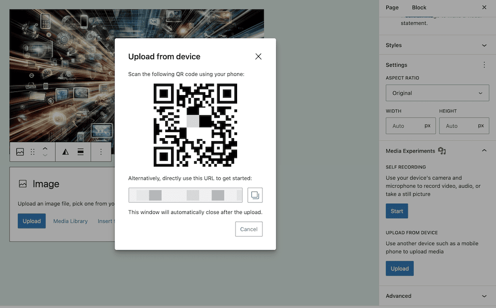 Uploading an image using a QR code within the WordPress Block Editor.
