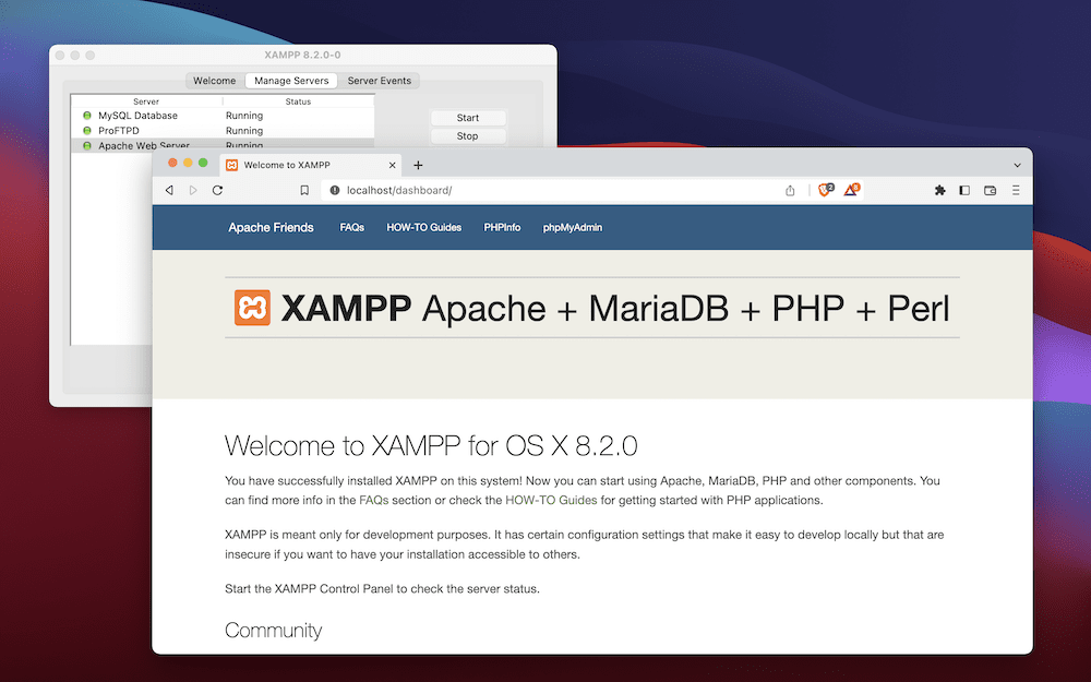 Running the XAMPP dashboard in a web browser.