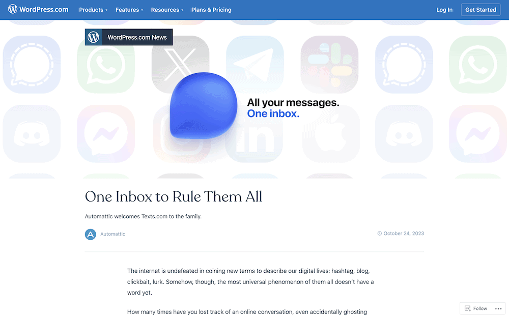 Automattic's announcement of the Texts acquisition on the WordPress.com blog.