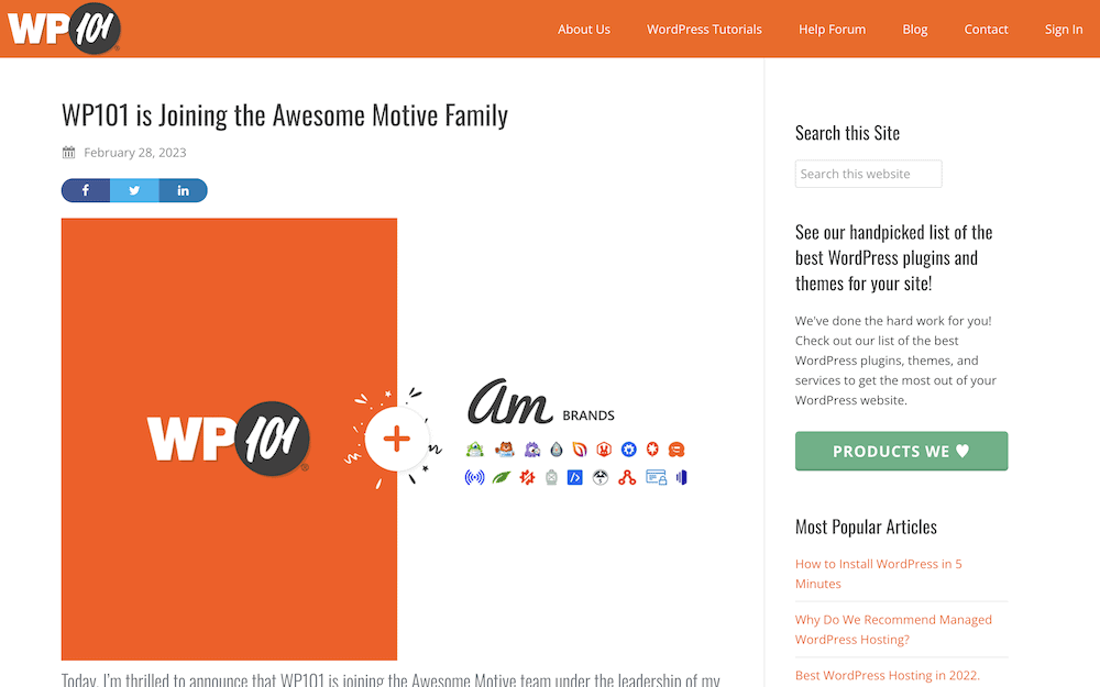 WP101's post on joining Awesome Motive.
