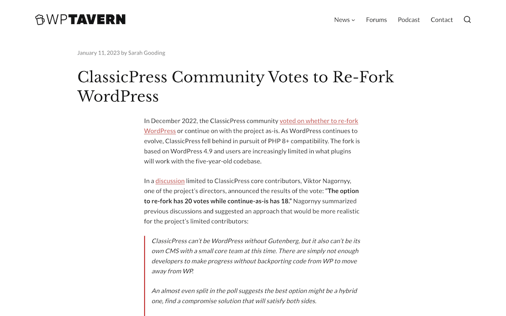 January's WP Tavern post on ClassicPress.