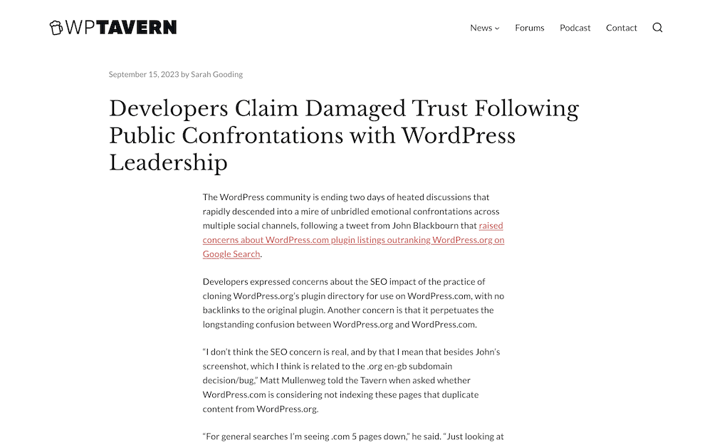 WP Tavern's post on the fallout from SEO leverage between WordPress.com and .org.