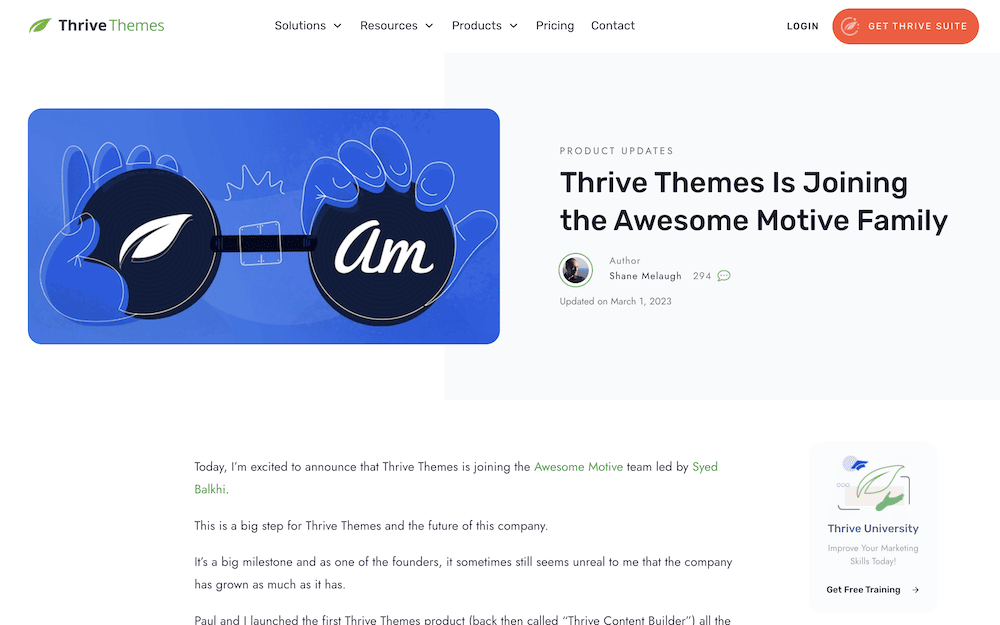 Thrive Themes' post on joining Awesome Motive.