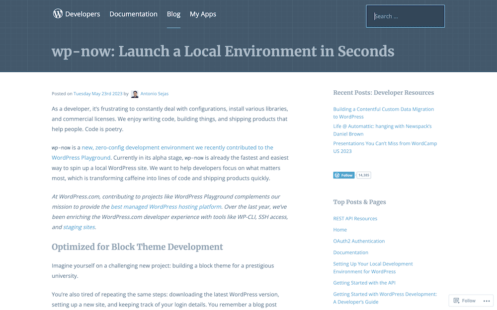 The wp-now announcement post on the WordPress Developers blog.