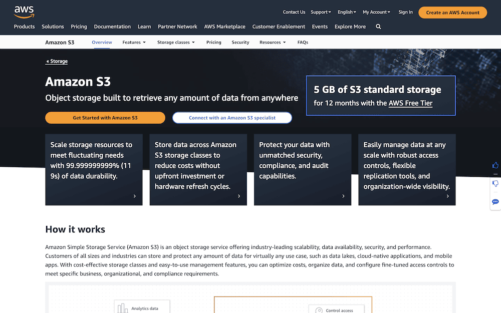 The Amazon AWS home page.