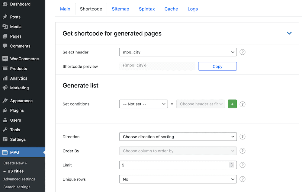 The Shortcode tab in Multiple Pages Generator.