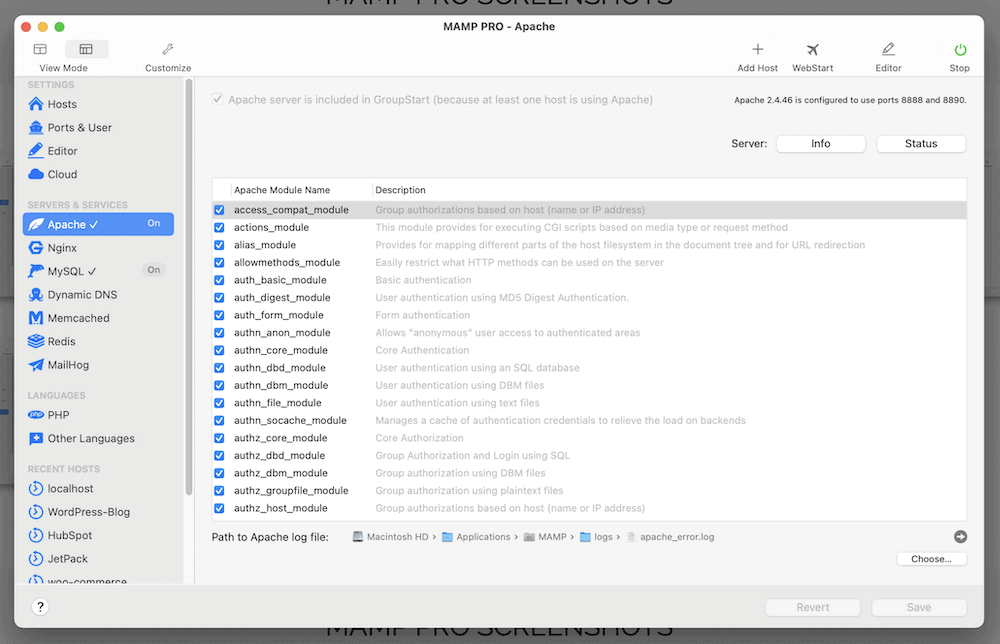 The MAMP Pro interface.