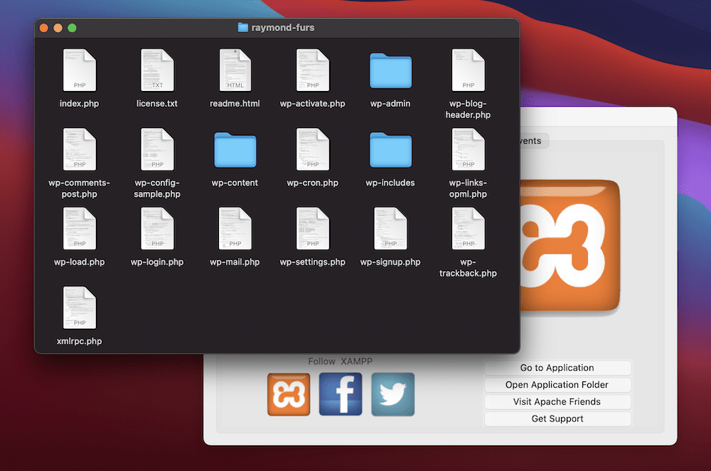 A local directory complete with WordPress files and folders.