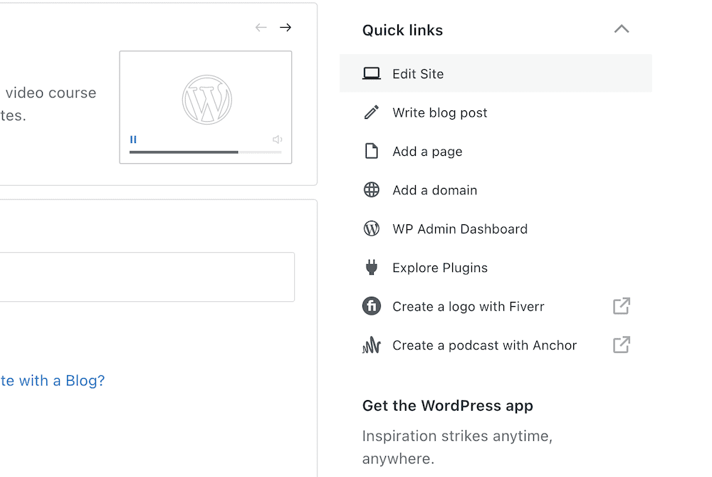 The Edit Site link on the WordPress.com dashboard.