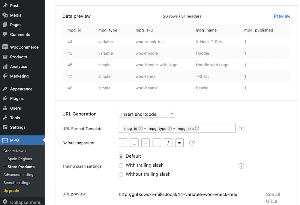 Previewing a list of products in Multiple Pages Generator.